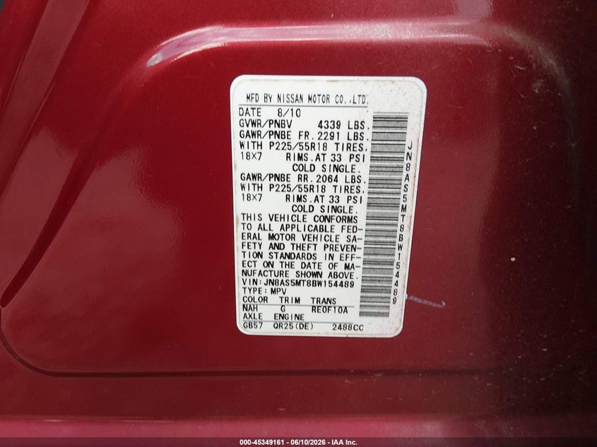 2011 Nissan Rogue VIN JN8AS5MT8BW154489 IAAI salvage auction — SIDE, Salvage (Alabama), sold $25 on 2026-07-29 (photo 9)