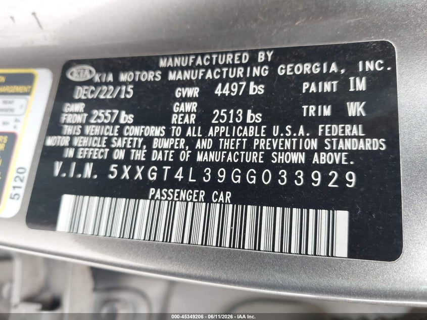 2016 Kia Optima VIN 5XXGT4L39GG033929 IAAI salvage auction — NORMAL WEAR, Original (Texas), sold $850 on 2026-07-23 (photo 9)