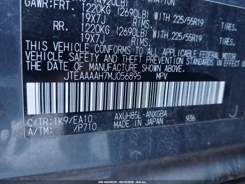 2021 Toyota Venza VIN JTEAAAAH7MJ056895 IAAI salvage auction — MECHANICAL, Salvage Title, sold $13,000 on 2026-07-22 (photo 9)