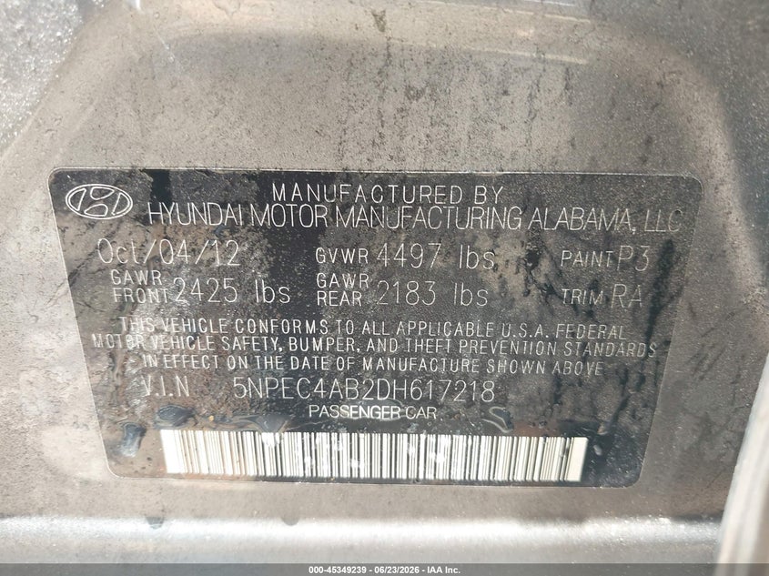 2013 Hyundai Sonata VIN 5NPEC4AB2DH617218 IAAI salvage auction — NORMAL WEAR, Repossession Paperwork (Georgia), sold $300 on 2026-07-14 (photo 9)