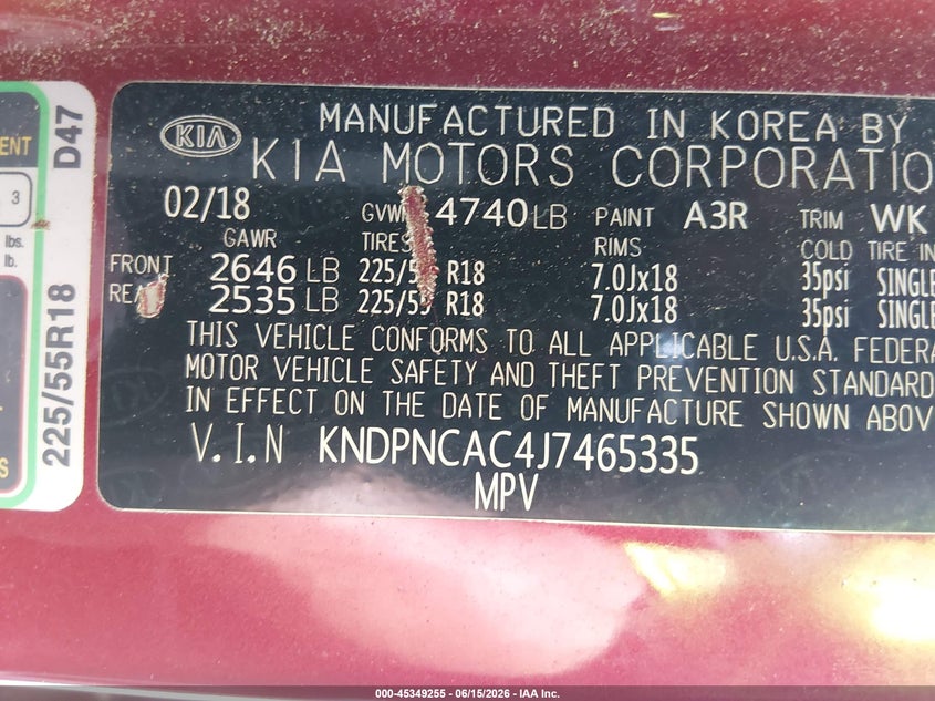 2018 Kia Sportage VIN KNDPNCAC4J7465335 IAAI salvage auction — FRONT END, Salvage (South Carolina), sold $3,050 on 2026-07-18 (photo 9)