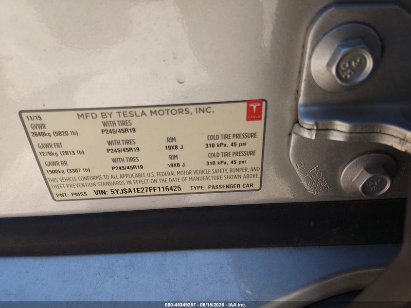 2015 Tesla Model s VIN 5YJSA1E27FF116425 IAAI salvage auction — FRONT END, Salvage (Arkansas), sold $2,200 on 2026-07-30 (photo 9)