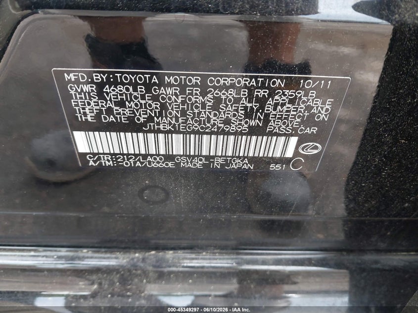 2012 Lexus ES VIN JTHBK1EG9C2479895 IAAI salvage auction — FRONT END, Salvage (Virginia), sold $1,600 on 2026-07-17 (photo 9)