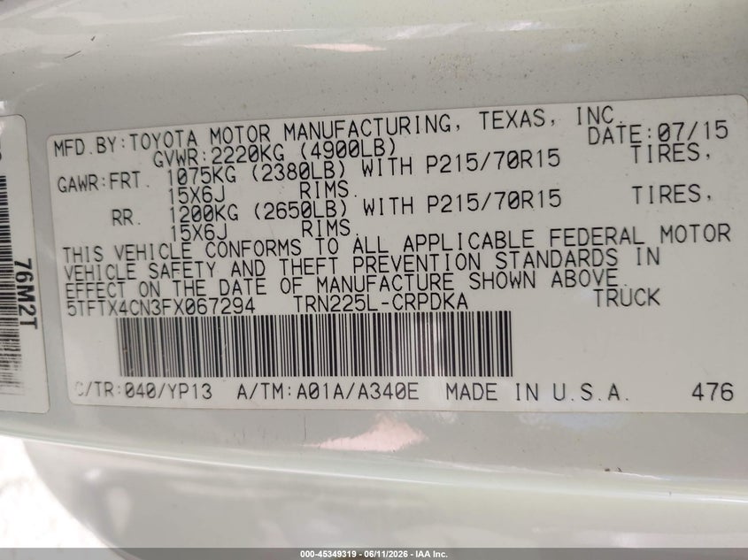 2015 Toyota Tacoma VIN 5TFTX4CN3FX067294 IAAI salvage auction — FRONT END, Salvage Title, sold $2,075 on 2026-07-17 (photo 9)