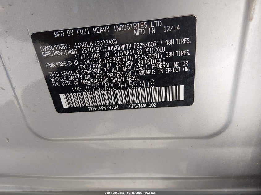 2015 Subaru Forester VIN JF2SJADC2FH563479 IAAI salvage auction — FRONT END, Salvage Title, sold $2,200 on 2026-07-23 (photo 9)