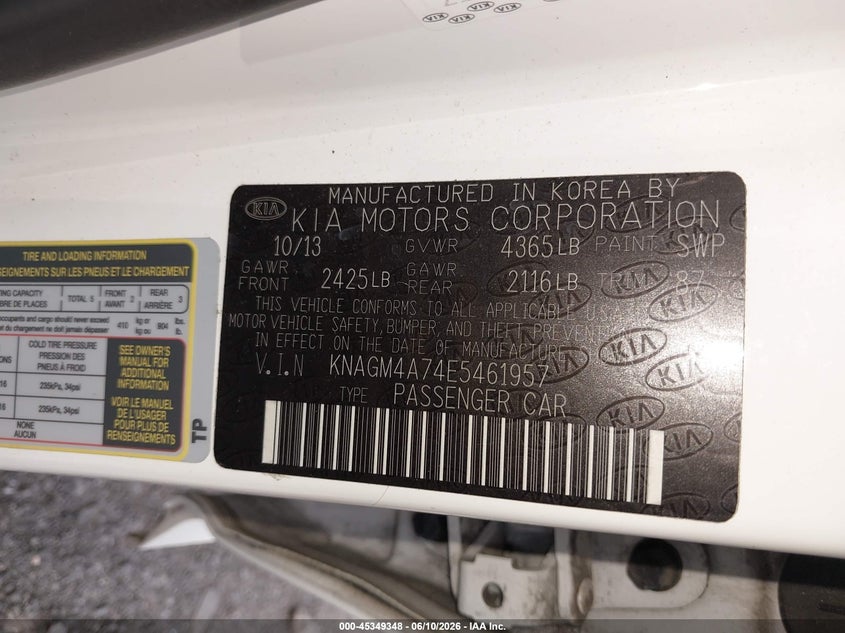 2014 Kia Optima VIN KNAGM4A74E5461957 IAAI salvage auction — FRONT END, Salvage (New Jersey), sold $225 on 2026-07-29 (photo 9)