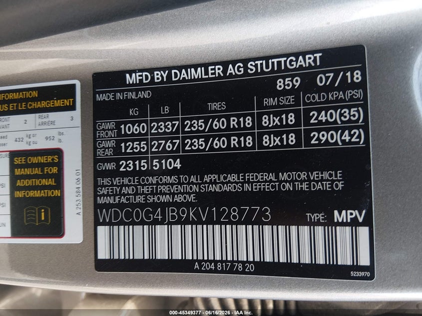 2019 Mercedes-benz Glc VIN WDC0G4JB9KV128773 IAAI salvage auction — LEFT FRONT, Salvage (Nevada), sold $4,500 on 2026-07-29 (photo 9)