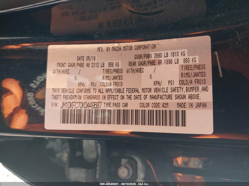 2019 Mazda Cx-3 VIN JM1DKFC70K0449687 IAAI salvage auction — FRONT END, Salvage Title, sold $2,450 on 2026-07-24 (photo 9)