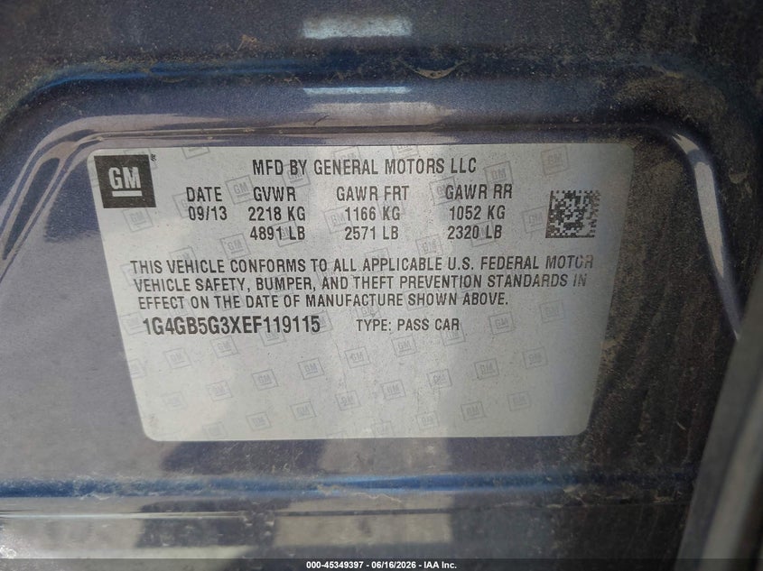 2014 Buick Lacrosse VIN 1G4GB5G3XEF119115 IAAI salvage auction — FRONT END, Certificate Of Title (Nebraska), sold $25 on 2026-08-01 (photo 9)