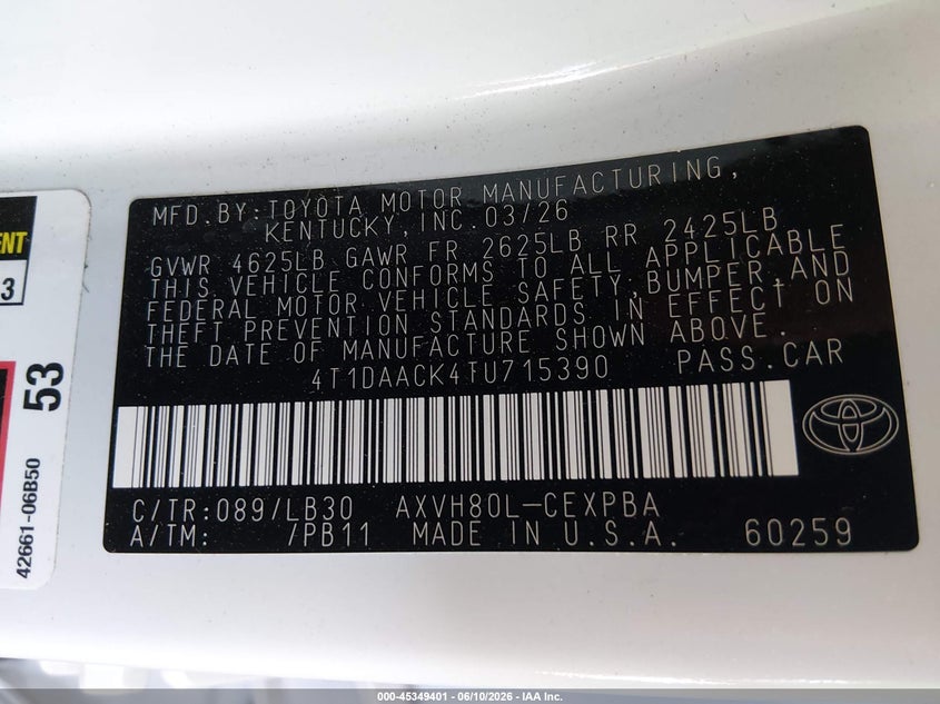 2026 Toyota Camry VIN 4T1DAACK4TU715390 IAAI salvage auction — RIGHT FRONT, Salvage Title, sold $13,500 on 2026-08-01 (photo 9)