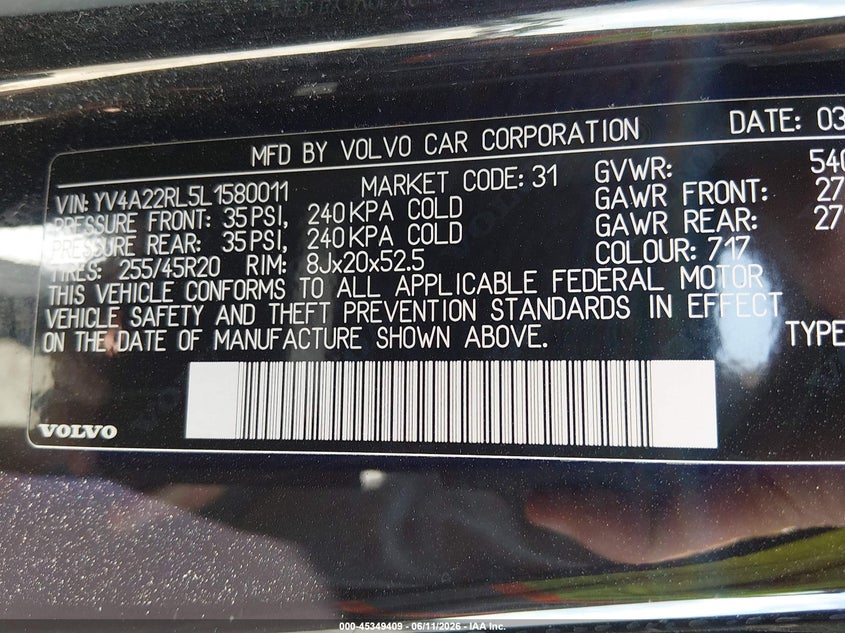 2020 Volvo Xc60 VIN YV4A22RL5L1580011 IAAI salvage auction — HAIL, Clear (Kansas), sold $11,400 on 2026-08-01 (photo 9)