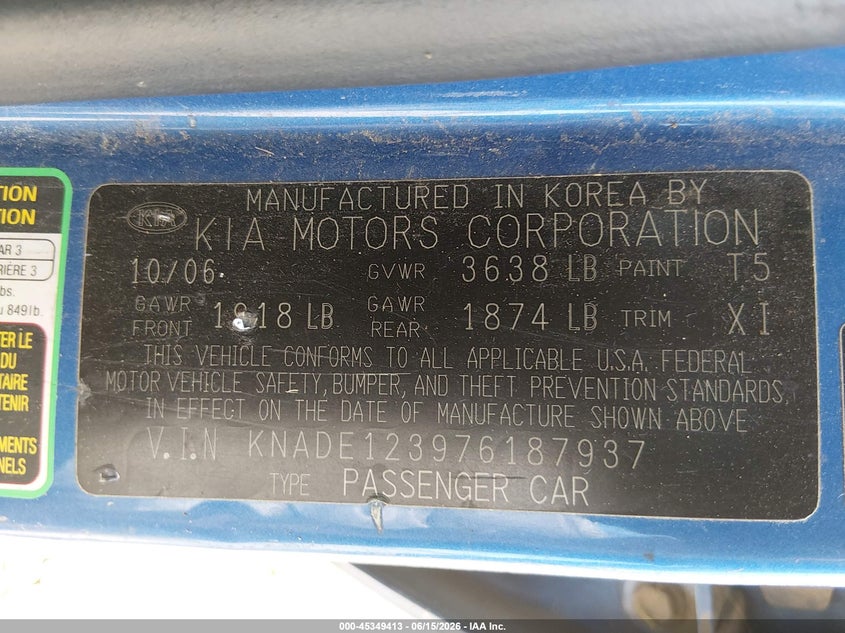 2007 Kia Rio VIN KNADE123976187937 IAAI salvage auction — NORMAL WEAR, Peddle Clear Public-Restricted (Oregon), sold $200 on 2026-07-20 (photo 9)
