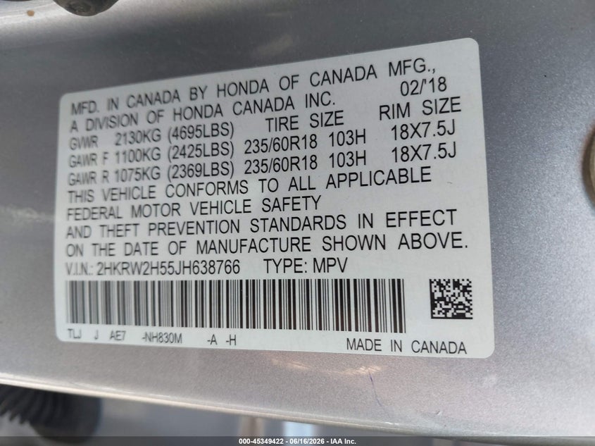 2018 Honda Cr-v VIN 2HKRW2H55JH638766 IAAI salvage auction — FRONT END, Salvage Title, sold $4,300 on 2026-07-29 (photo 9)