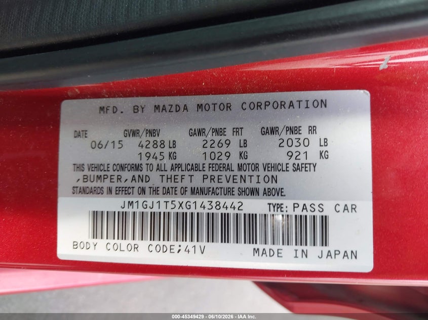 2016 Mazda 6 VIN JM1GJ1T5XG1438442 IAAI salvage auction — FRONT END, Salvage (North Carolina), sold $2,975 on 2026-07-15 (photo 9)