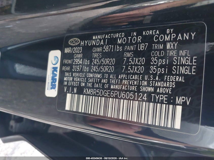 2023 Hyundai Palisade VIN KM8R5DGE6PU605124 IAAI salvage auction — RIGHT FRONT, Salvage (Indiana), sold $8,000 on 2026-07-29 (photo 9)