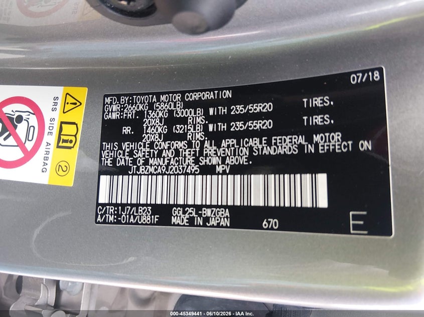 2018 Lexus Rx VIN JTJBZMCA9J2037495 IAAI salvage auction — FRONT END, Salvage Title, sold $13,900 on 2026-07-13 (photo 9)