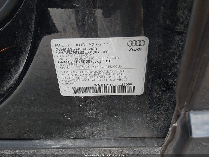 2012 Audi Q5 VIN WA1LFAFP9CA022058 IAAI salvage auction — NORMAL WEAR, Clear (Oregon), sold $700 on 2026-07-23 (photo 9)