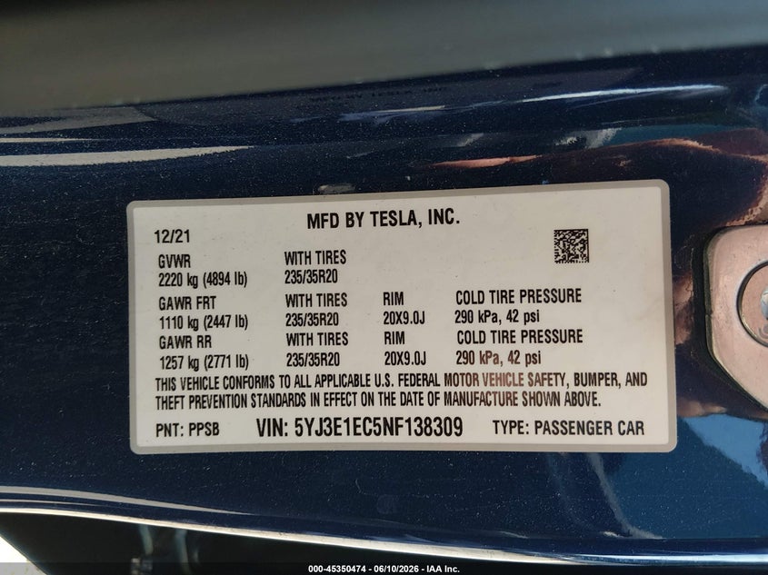 2022 Tesla Model 3 VIN 5YJ3E1EC5NF138309 IAAI salvage auction — UNDERCARRIAGE, Salvage (Georgia), sold $9,400 on 2026-07-23 (photo 9)