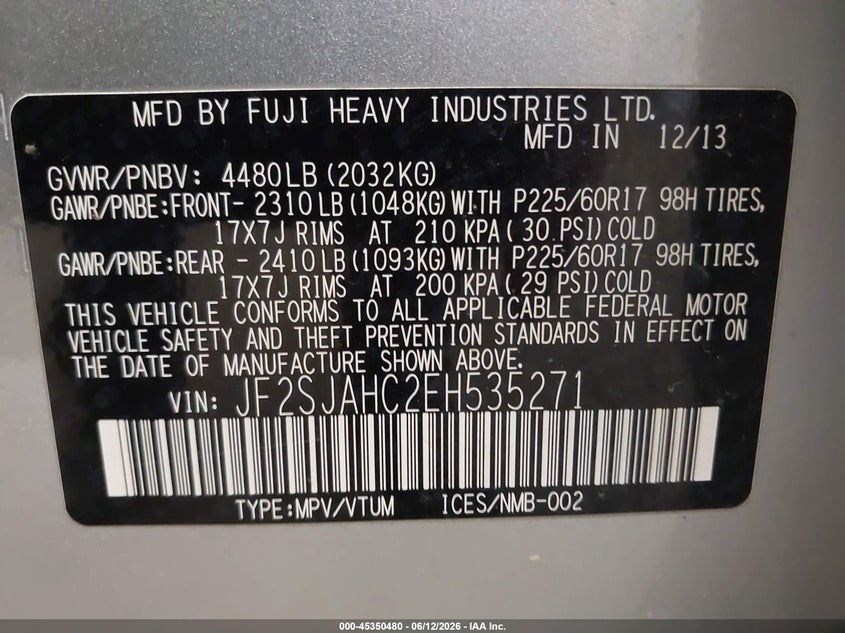 2014 Subaru Forester VIN JF2SJAHC2EH535271 IAAI salvage auction — FRONT END, Prior Salvage (Minnesota), sold $1,300 on 2026-07-31 (photo 9)
