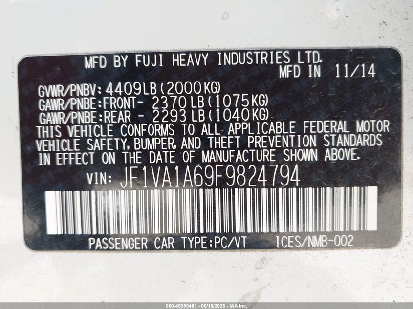 2015 Subaru Wrx VIN JF1VA1A69F9824794 IAAI salvage auction — RIGHT FRONT, Salvage (Tennessee), sold $3,550 on 2026-07-16 (photo 9)