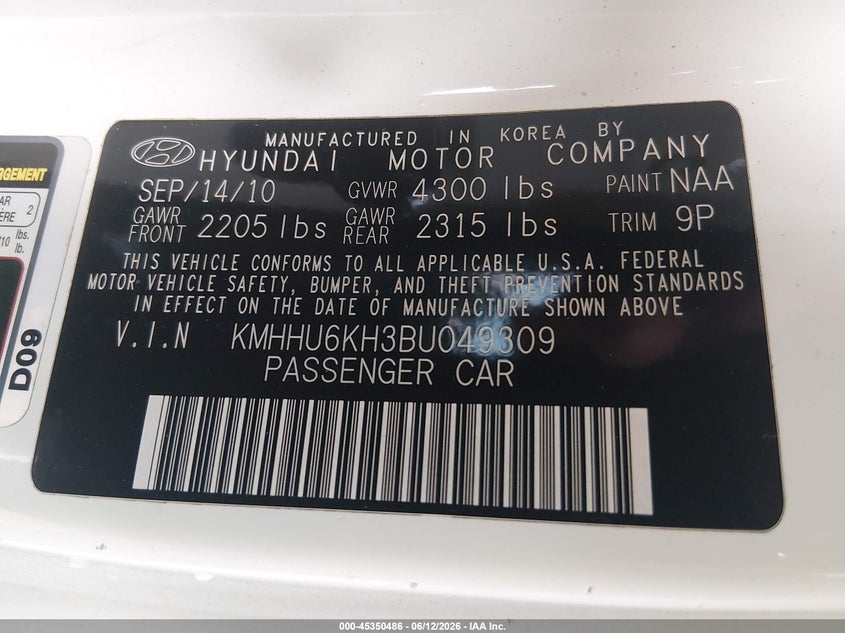 2011 Hyundai Genesis VIN KMHHU6KH3BU049309 IAAI salvage auction — FRONT & REAR, Rebuildable (Florida), sold $525 on 2026-07-14 (photo 9)