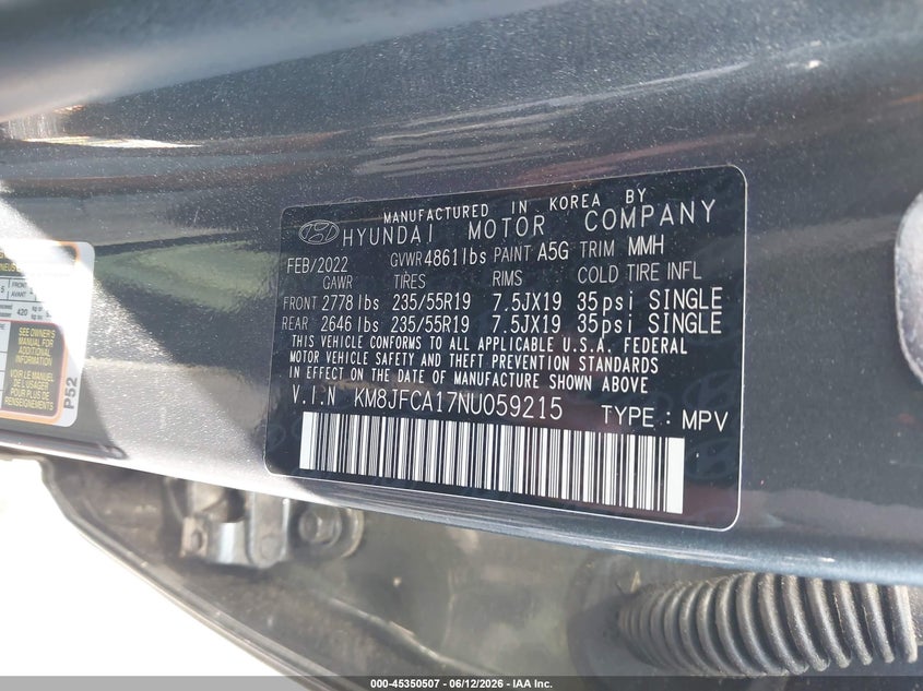 2022 Hyundai Tucson VIN KM8JFCA17NU059215 IAAI salvage auction — FRONT END, Salvage Title, sold $10,100 on 2026-07-23 (photo 9)