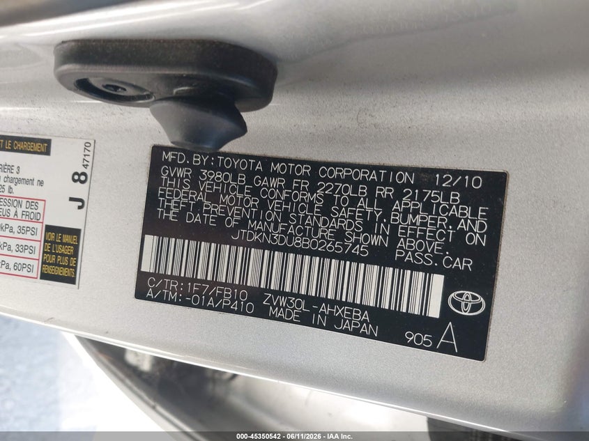 2011 Toyota Prius VIN JTDKN3DU8B0265745 IAAI salvage auction — RIGHT FRONT, Salvage (California), sold $1,050 on 2026-07-08 (photo 9)
