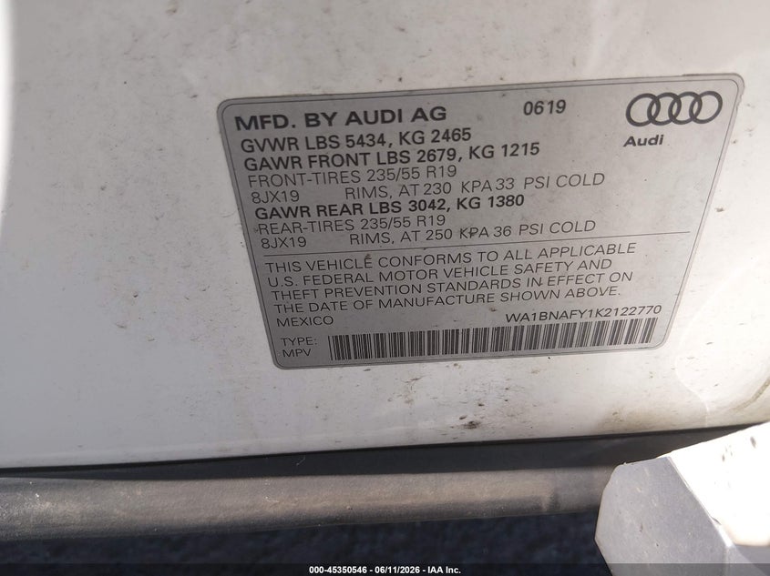 2019 Audi Q5 VIN WA1BNAFY1K2122770 IAAI salvage auction — LEFT FRONT, Salvage (Connecticut), sold $3,700 on 2026-07-30 (photo 9)