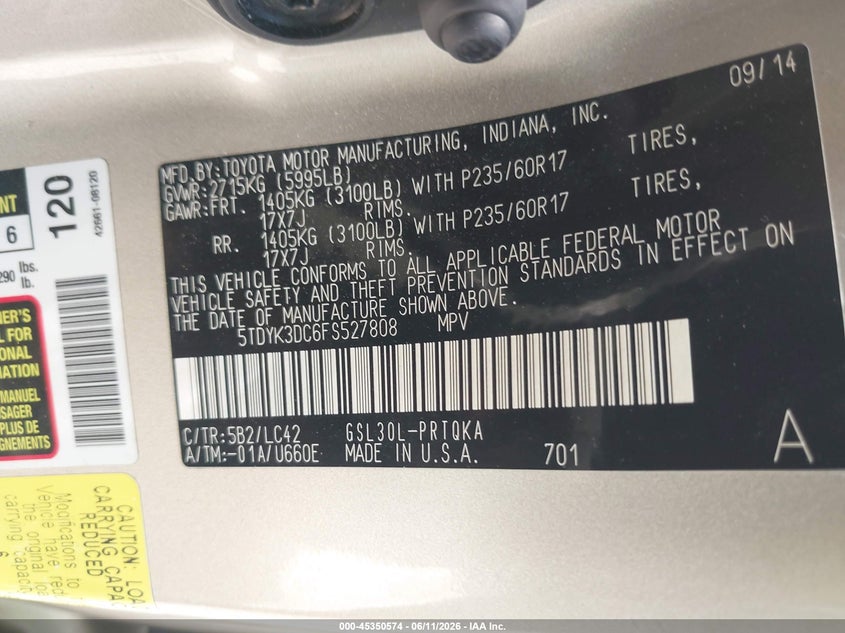 2015 Toyota Sienna VIN 5TDYK3DC6FS527808 IAAI salvage auction — LEFT FRONT, Salvage (Indiana), sold $3,550 on 2026-07-30 (photo 9)