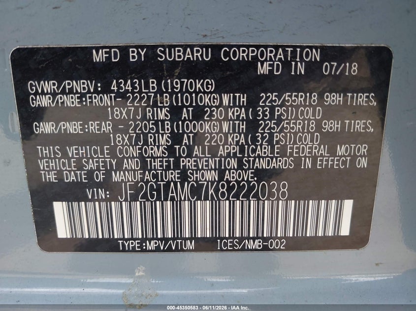 2019 Subaru Xv VIN JF2GTAMC7K8222038 IAAI salvage auction — REAR END, Salvage (Idaho), sold $4,525 on 2026-07-06 (photo 9)