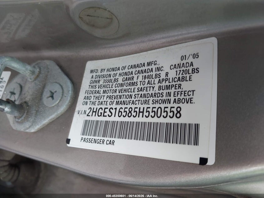 2005 Honda Civic VIN 2HGES16585H550558 IAAI salvage auction — NORMAL WEAR, Original (Kentucky), sold $650 on 2026-07-06 (photo 9)