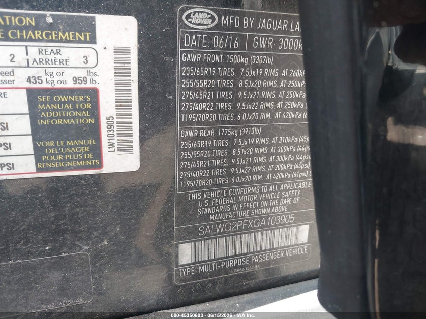 2016 Land rover Range rover sport VIN SALWG2PFXGA103905 IAAI salvage auction — RIGHT FRONT, Salvage Title, sold $1,750 on 2026-07-28 (photo 9)