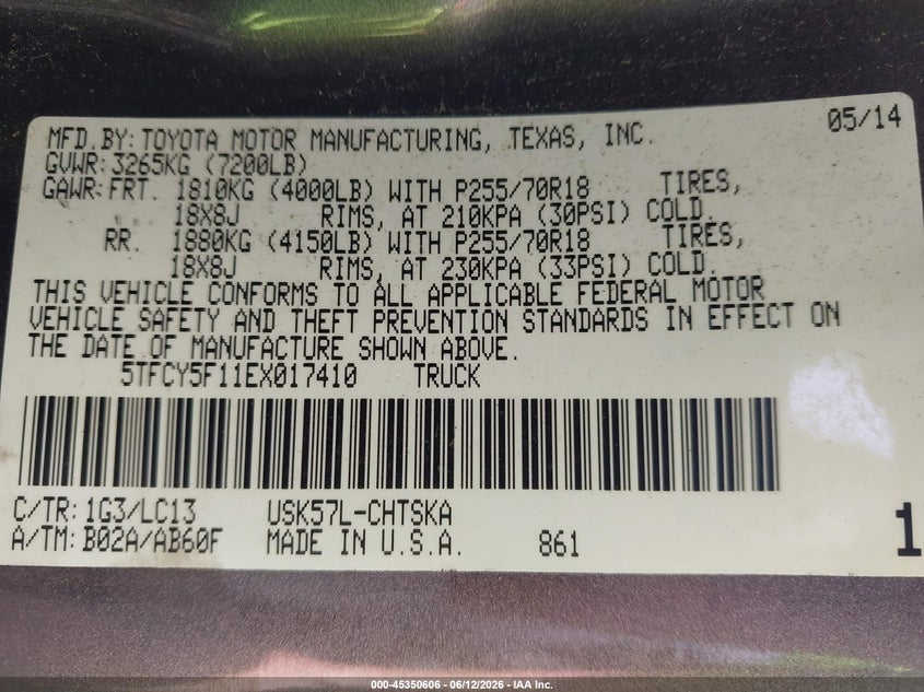 2014 Toyota Tundra VIN 5TFCY5F11EX017410 IAAI salvage auction — LEFT FRONT, Salvage Title, sold $4,250 on 2026-07-30 (photo 9)