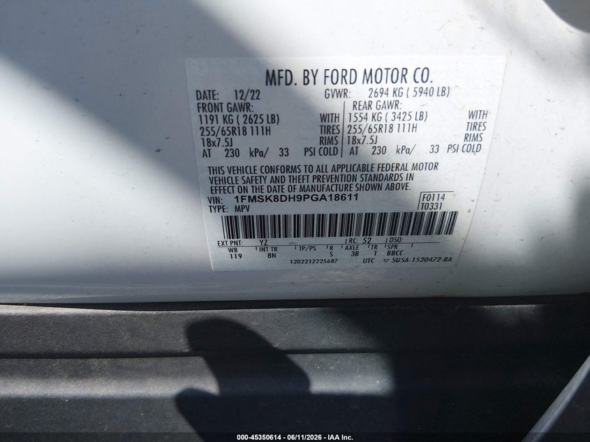 2023 Ford Explorer VIN 1FMSK8DH9PGA18611 IAAI salvage auction — SIDE, Salvage Title, sold $6,100 on 2026-07-31 (photo 9)