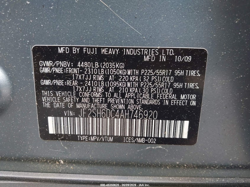 2010 Subaru Forester VIN JF2SH6DC4AH746920 IAAI salvage auction — LEFT FRONT, Clear (Virginia), sold $1,500 on 2026-07-28 (photo 9)