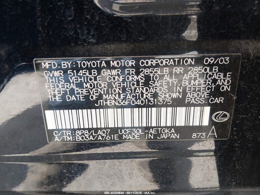 2004 Lexus Ls 430 VIN JTHBN36F040131375 IAAI salvage auction — FRONT END, Original (Texas), sold $725 on 2026-07-28 (photo 9)