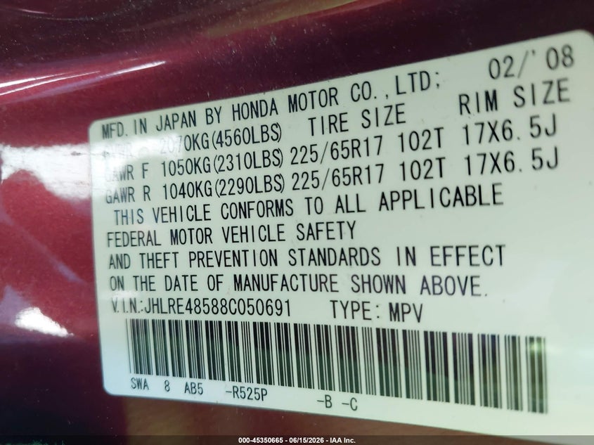 2008 Honda Cr-v VIN JHLRE48588C050691 IAAI salvage auction — NORMAL WEAR, Original (Maine), sold $825 on 2026-07-20 (photo 9)