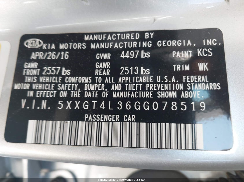 2016 Kia Optima VIN 5XXGT4L36GG078519 IAAI salvage auction — REAR END, Salvage (North Carolina), sold $1,850 on 2026-07-06 (photo 9)