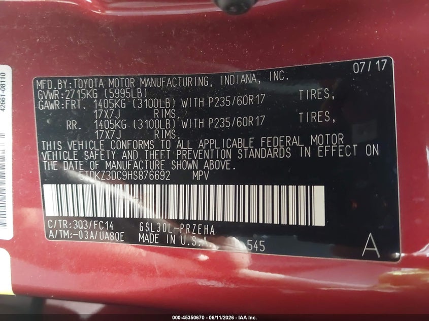 2017 Toyota Sienna VIN 5TDKZ3DC9HS876692 IAAI salvage auction — NORMAL WEAR, Clear (New Jersey), sold $2,500 on 2026-07-07 (photo 9)