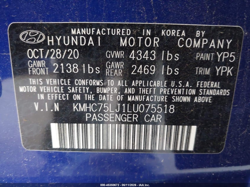 2020 Hyundai VIN KMHC75LJ1LU075518 IAAI salvage auction — FRONT END, Salvage Title, sold $1,300 on 2026-07-11 (photo 9)