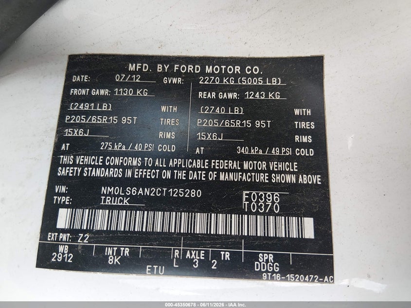 2012 Ford Transit VIN NM0LS6AN2CT125280 IAAI salvage auction — NORMAL WEAR, Original (Ohio), sold $275 on 2026-07-14 (photo 9)