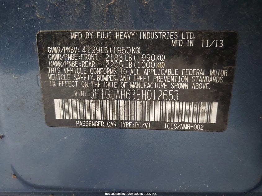2014 Subaru Impreza VIN JF1GJAH63EH012653 IAAI salvage auction — NORMAL WEAR, Clear (New York), sold $400 on 2026-07-29 (photo 9)