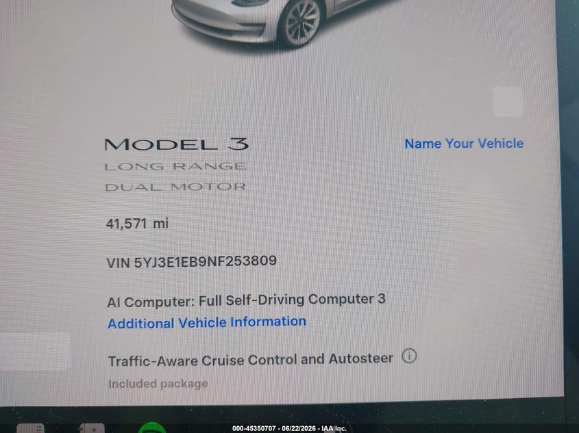 2022 Tesla Model 3 VIN 5YJ3E1EB9NF253809 IAAI salvage auction — FRONT END, Salvage Title, sold $7,700 on 2026-07-29 (photo 7)