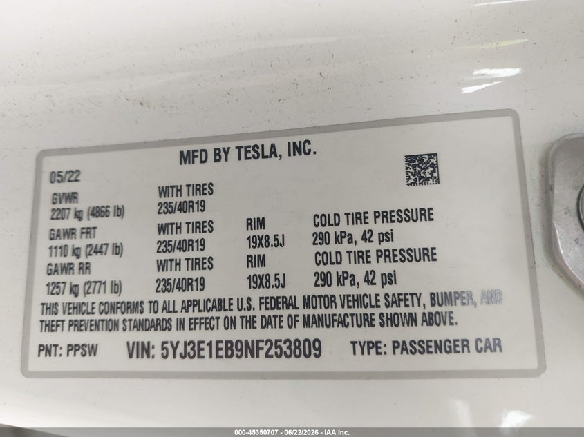 2022 Tesla Model 3 VIN 5YJ3E1EB9NF253809 IAAI salvage auction — FRONT END, Salvage Title, sold $7,700 on 2026-07-29 (photo 9)