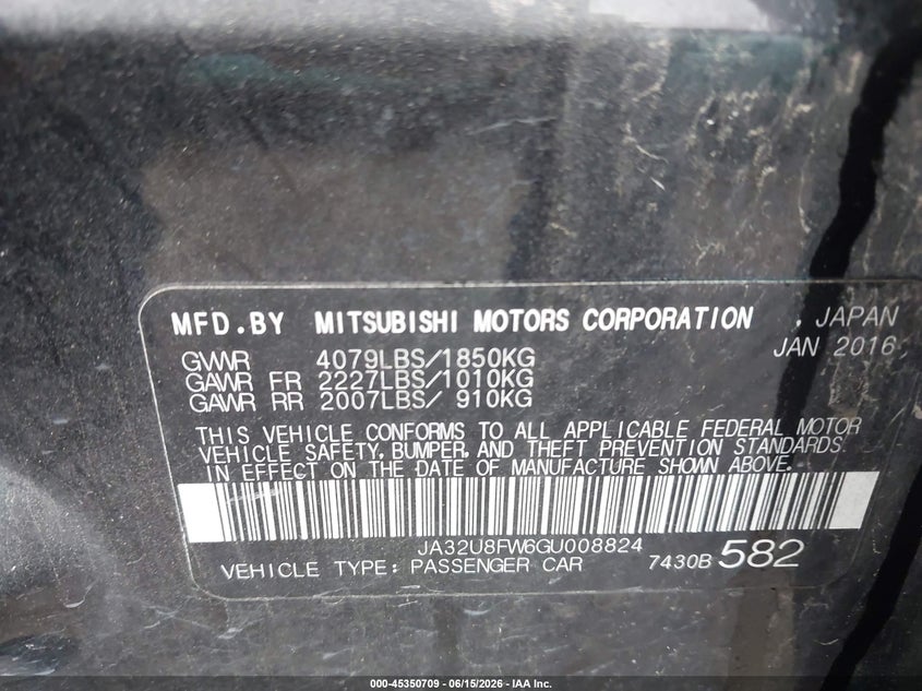 2016 Mitsubishi Lancer VIN JA32U8FW6GU008824 IAAI salvage auction — NORMAL WEAR, Original (Texas), sold $1,400 on 2026-07-20 (photo 9)