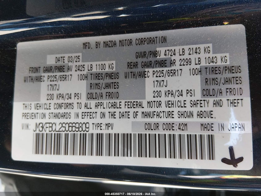 2025 Mazda Cx-5 VIN JM3KFBCL2S0669809 IAAI salvage auction — FRONT END, Original (Texas), sold $9,175 on 2026-07-28 (photo 9)