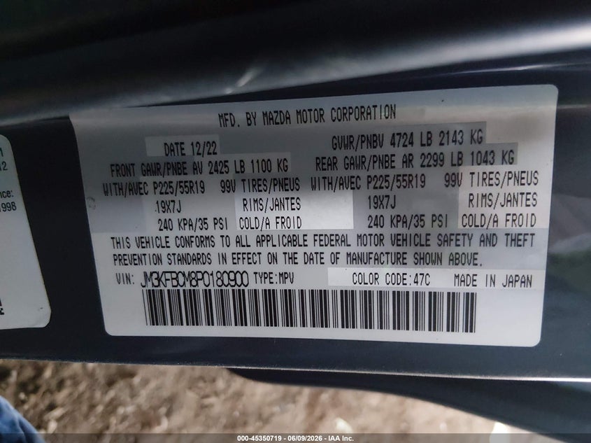 2023 Mazda Cx-5 VIN JM3KFBCM8P0180900 IAAI salvage auction — SIDE, Salvage Title, sold $6,200 on 2026-07-21 (photo 9)