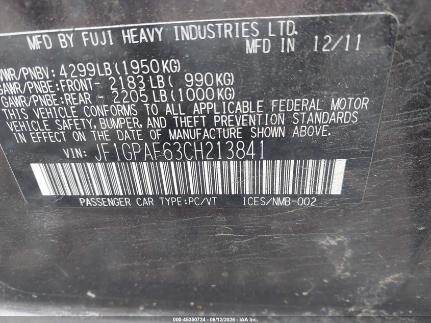2012 Subaru Impreza VIN JF1GPAF63CH213841 IAAI salvage auction — FRONT END, Mv-907A (New York), sold $25 on 2026-07-28 (photo 9)