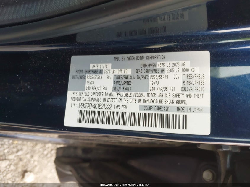 2019 Mazda Cx-5 VIN JM3KFADM4K1521222 IAAI salvage auction — FRONT END, Salvage (Texas), sold $1,800 on 2026-07-14 (photo 9)