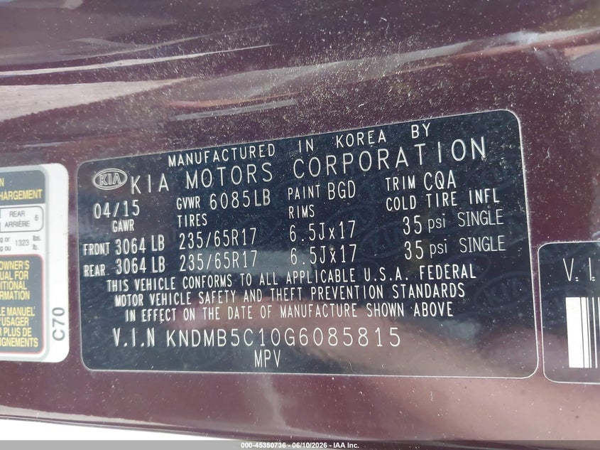 2016 Kia SEDONA VIN KNDMB5C10G6085815 IAAI salvage auction — FRONT END, Salvage Title, sold $50 on 2026-07-23 (photo 9)